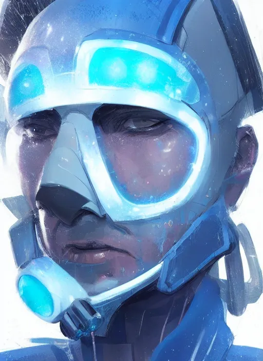 Prompt: concept art close up blue cyberpunk character with a facemask, by shinji aramaki, by christopher balaskas, by krenz cushart