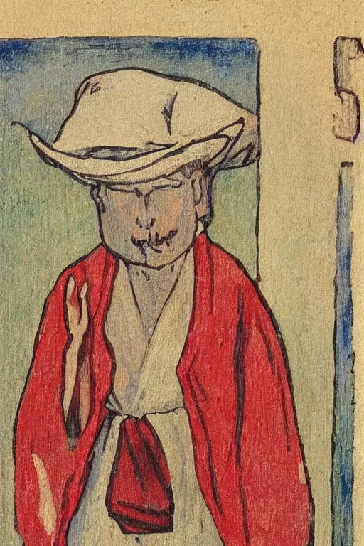 Prompt: a painting of a man in a white outfit, a character portrait by jean fouquet, reddit, synthetism, woodcut, grotesque, tarot card