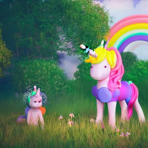 Prompt: Baby girl with unicorn and rainbow clothes sitting in a garden octane render