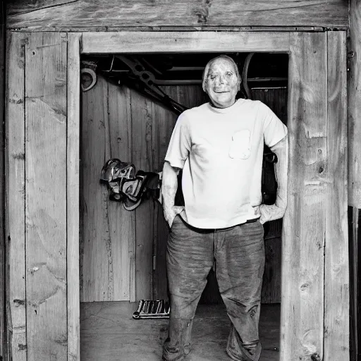 Image similar to mollusk man, posing in his garage, detailed photo