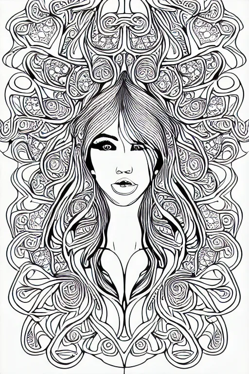 Prompt: portrait of beautiful women ornate luxury fractal ink drawing line art colouring page, vector, colorful, margins, fine lines, centered
