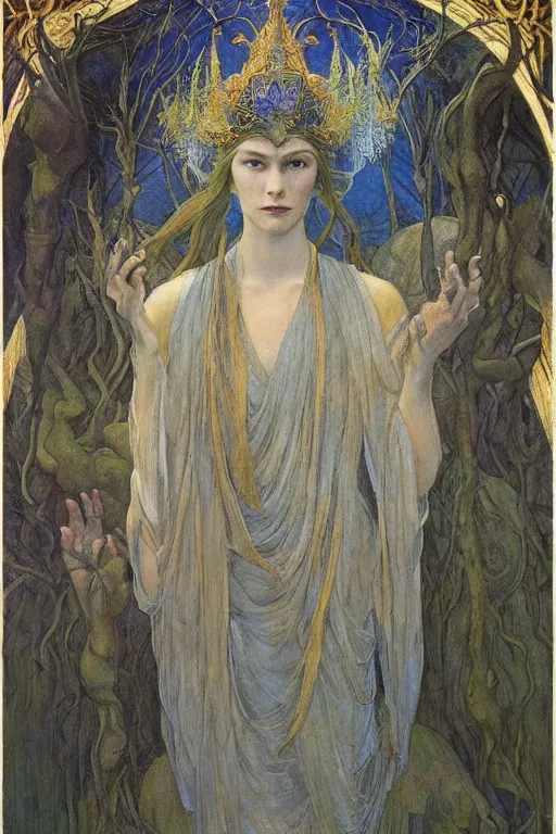 Image similar to queen of the last forest, by Annie Swynnerton and Nicholas Roerich and jean delville, strong dramatic cinematic lighting , ornate headdress , flowing robes, lost civilizations, smooth, sharp focus, extremely detailed