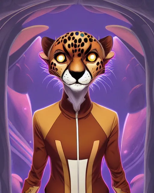 Prompt: don bluth, loish, artgerm, joshua middleton, steampunk, clockpunk anthropomorphic cheetah, wearing a track suit, smiling, symmetrical eyes symmetrical face, colorful animation forest background