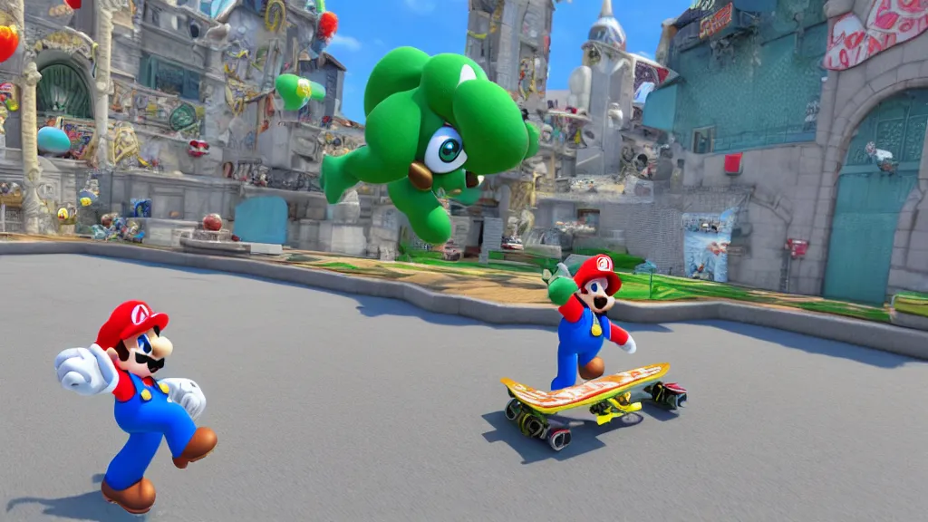 Image similar to super mario skateboarding, 3d render, video game screenshot, global illumination, ray tracing, hdr