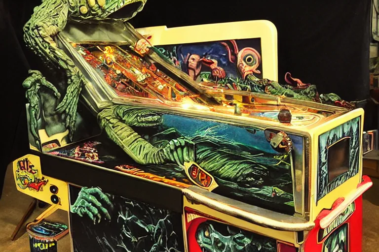 Prompt: vintage pinball machine, creature from the black lagoon, polaroid photo