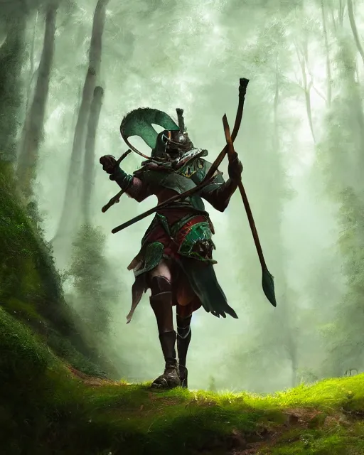 Image similar to oil painting of Anthropomorphized Sheep warrior holding giant club, wearing green cloak, sharp focus, fantasy style, octane render, volumetric lighting, 8k high definition, by greg rutkowski, highly detailed, trending on art Station, magic the gathering artwork, magical forest backround, centered