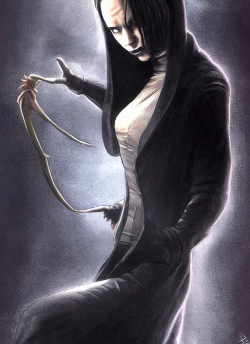 Image similar to neo from matrix 1 as sandman, with fingers and hair turning into smoke, vertigo, full figure dynamic fighting pose, pale skin!, gothic, black overcoat, fantasy, intricate, elegant, highly detailed, digital painting, artstation, concept art, wallpaper, smooth, sharp focus, illustration, art by artgerm and greg rutkowski and alphonse mucha