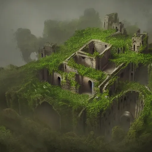 Image similar to giant ancient castle in an forest with some ivy plants on the walls, cinematic, epic, dramatic lighting from above, dark, vines, fantasy, dust, unreal engine, octane, highly detailed, concept art, dark, super realistic