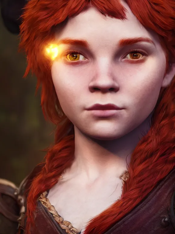 Image similar to portrait art of red - haired halfling bard 1 9 year old, 8 k ultra realistic, lens flare, atmosphere, glow, detailed, intricate, full of colour, cinematic lighting, trending on artstation, 4 k, hyperrealistic, focused, extreme details, unreal engine 5, cinematic, masterpiece