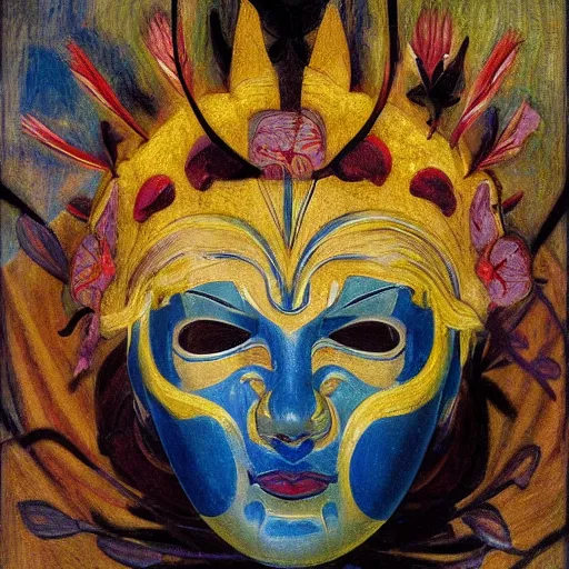 Image similar to a masterpiece painting of a facemask made of stylized flowers, by annie swynnerton and jean delville and tino rodriguez and john watkiss, flower mask, art deco shaman, art brut, symbolist, dramatic cinematic lighting, god rays, iridescent beetles, clean crisp graphics, smooth sharp focus, extremely detailed