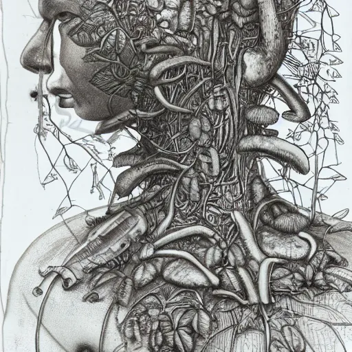 Image similar to botanical sketch of a cybernetic The thinker sculpture with mushrooms and peyote at the base, surrounded by a lush jungle and vines, high detail, b&w,