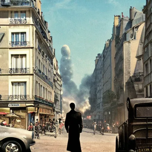 Prompt: a typical Parisian street of the future, in the foreground a man and a woman from behind, in the back at the bottom of the street a spaceship destroying buildings, American blockbuster style, multiple details