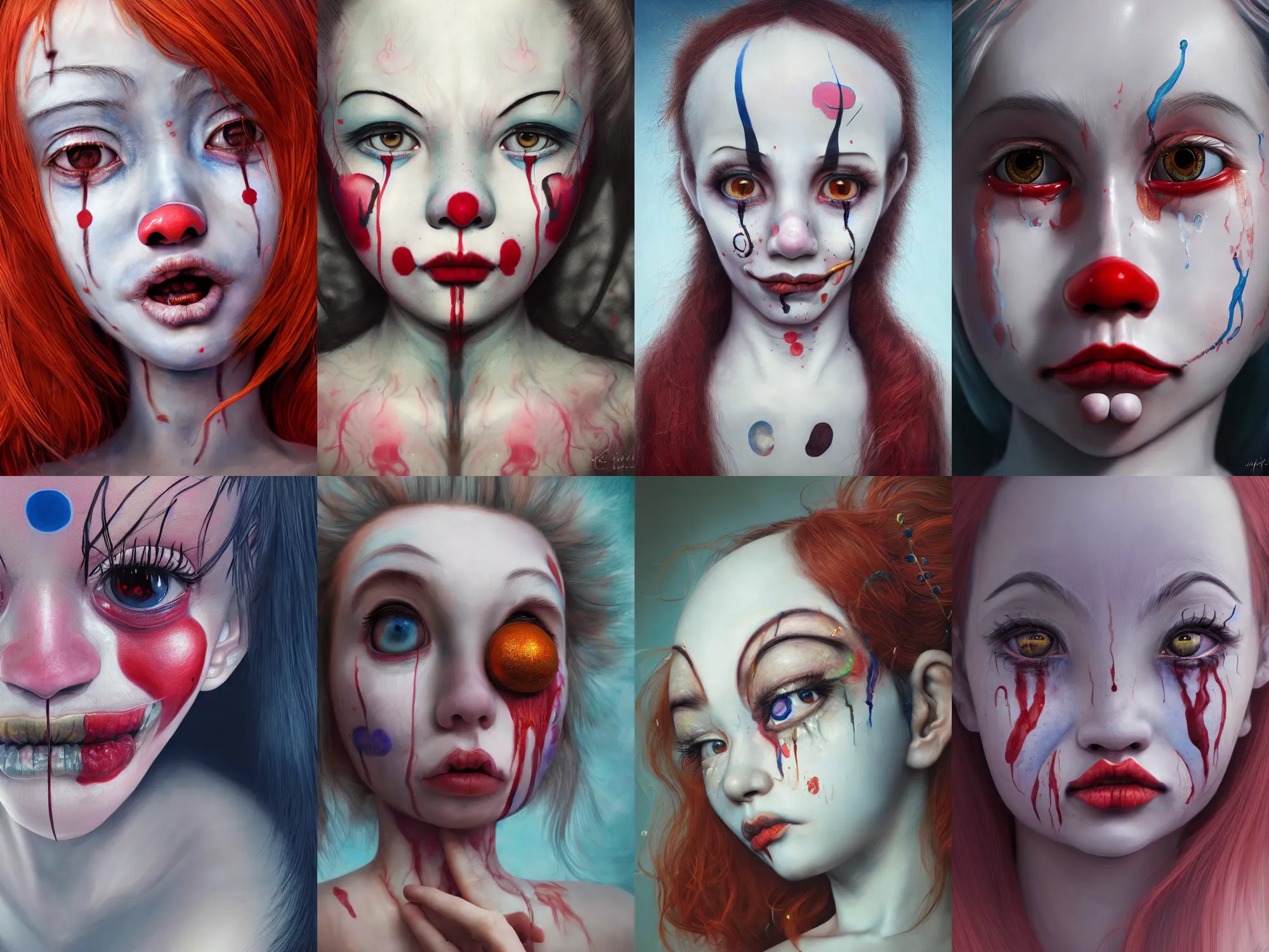 Image similar to detailed painting of clown girl crying, piercing eyes, james jean, miho hirano, hyperrealistic, octane render, ambient light, dynamic lighting