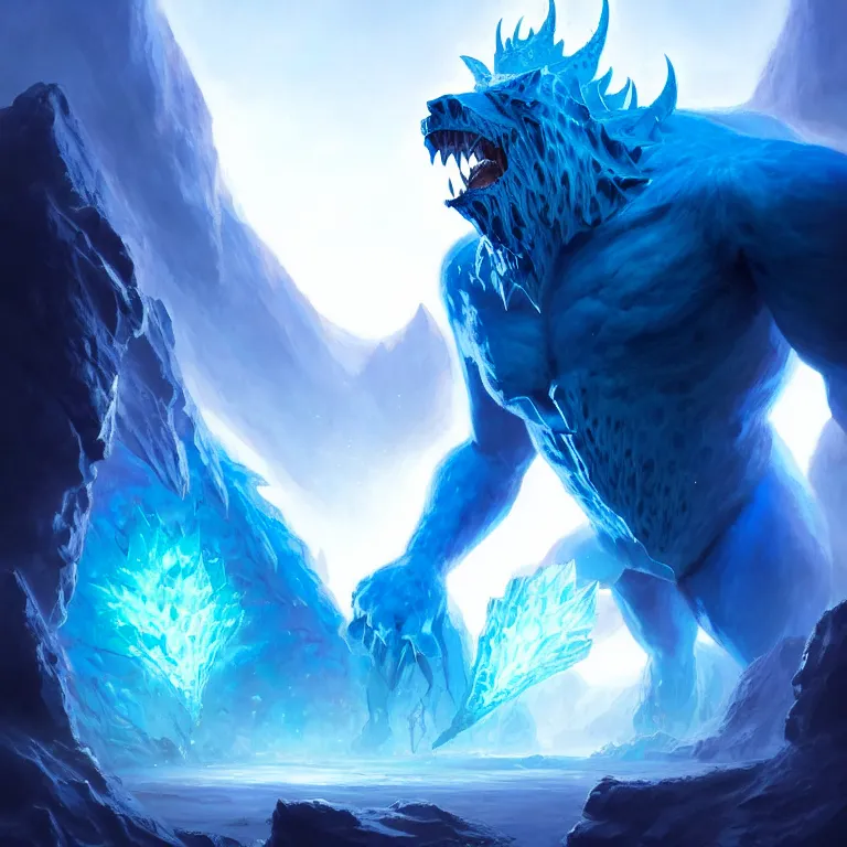 Prompt: a giant crystal blue beast bursting out of the ground ready to attack; detailed, best on artstation, raymond swanland, magic the gathering, epic, stunning, masterpiece