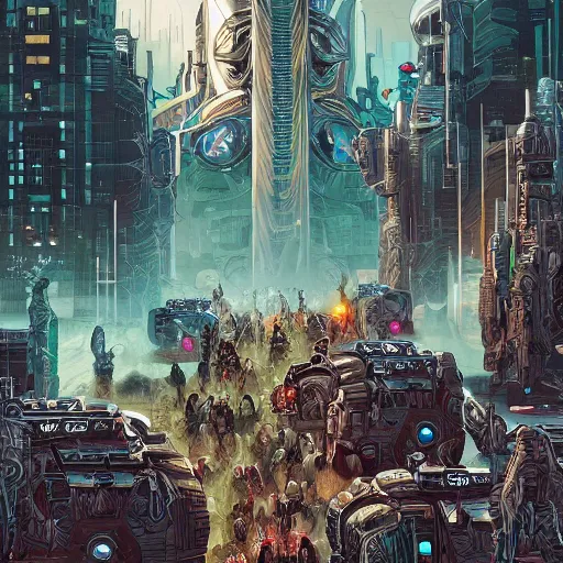 Image similar to portrait of cyborg vikings in a futuristic city by Dan Mumford and Sandra Chevrier, 4k, ultra realistic, artstation trending