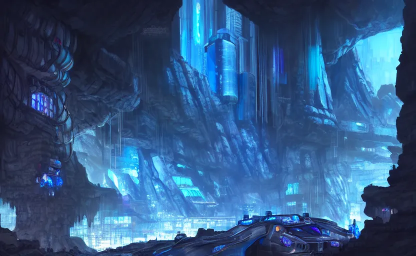 Prompt: cyberpunk factory in a giant dark cave, black rocks cave, detailed cave stones, deep cave, dramatic light, blue crystals, hyper detailed, realistic, intricate, concept art by frank hong, mate painting, artstation