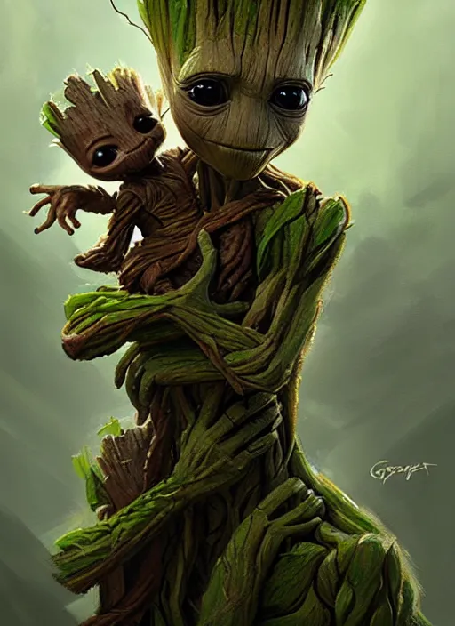 Image similar to very detailed masterpiece painting of groot holding yoda, portrait, artstation, concept art by greg rutkowski