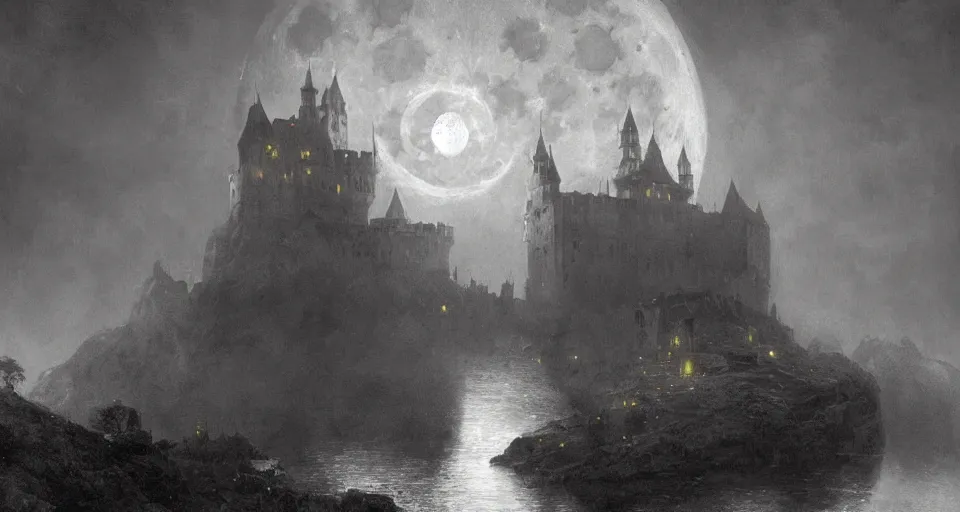 Image similar to an old castle rising up from the mist at night silhouetted by a huge moon, anders zorn, stephen hickman, brutalist, James Paick, Julian Falat, ultra realistic, trending on artstation, lava, dungeons and dragons, spooky, haunted, thomas kincade