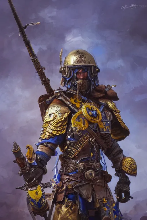 Prompt: shot of a warrior with Ukrainian blue and yellow flag, D&D, handsome, fantasy, intricate, military helmet, pile of skulls in the background, steampunk, elegant, highly detailed, digital painting, artstation, concept art, smooth, sharp focus, illustration, art by artgerm and greg rutkowski and alphonse mucha