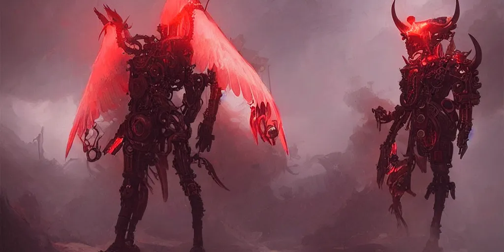 Image similar to mechanical steampunk cyborg devil red skin satan horns with white! angel wings flames and fire concept art greg rutkowski ivan aivazovsky