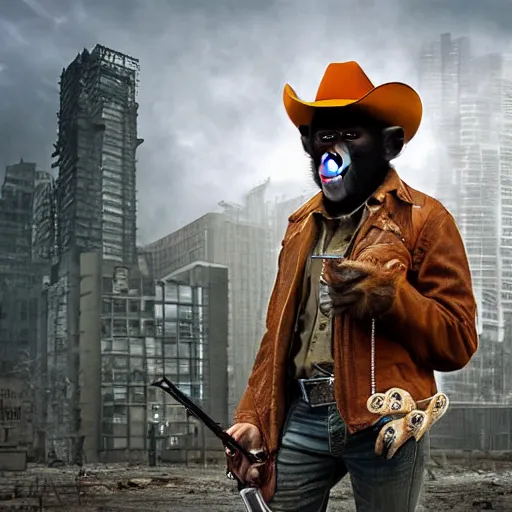 Prompt: realistic photo, a monkey holding a gun dressed as a cowboy, post apocalyptic city