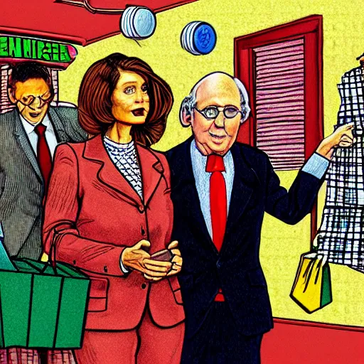 Image similar to The Artwork of R. Crumb and his Cheap Suit Mitch McConnell and Nancy Pelosi go shopping, pencil and colored marker artwork, trailer-trash lifestyle