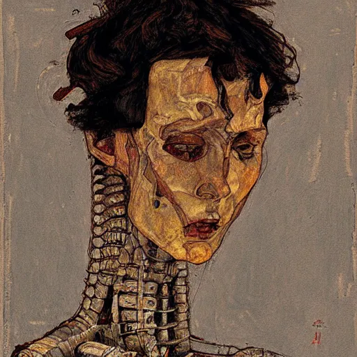 Image similar to portrait of a robot by egon schiele in the style of greg rutkowski