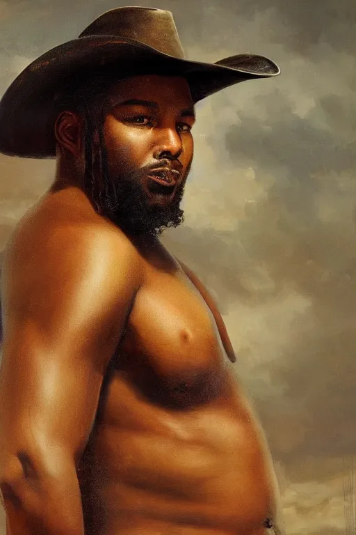 Prompt: a beautiful dramatic epic painting of a thicc black man | he is shirtless and wearing a cowboy hat and leather straps | prairie setting | homoerotic, highly detailed, dramatic lighting | by Mark Maggiori, by William Herbert Dunton, by Charles Marion Russell | trending on artstation