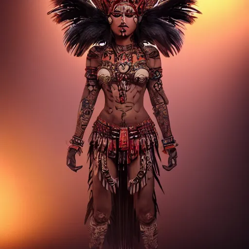 Prompt: character design, aztec warrior goddess, crown of body length feathers, full body, glowing aztec tattoos, beautiful, dark fantasy, horror scene, hyper - realistic, very detailed, intricate, very sexy pose, slight smile expression, unreal engine, by artgerm, wlop and ross thran, dramatic cinematic lighting rendered by octane, 8 k, detailed