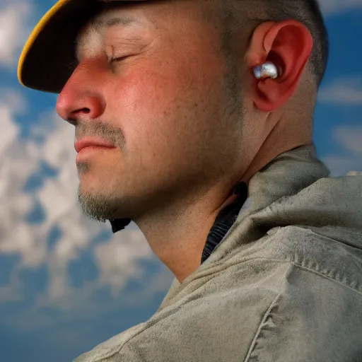 Prompt: a portrait of a man who is covering his ears from a loud rocket launch behind him, 4 k, photography