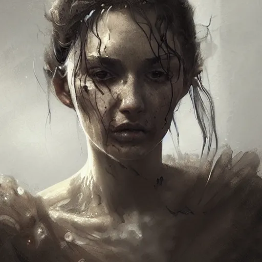 Image similar to portrait of a woman, gritty, gloomy, pain, gritty, sad, intricate, elegant, highly detailed, digital painting, artstation, concept art, matte, sharp focus, illustration, octane render, unreal engine, art by aenaluck and roberto ferri and greg rutkowski, epic fantasy, digital painting