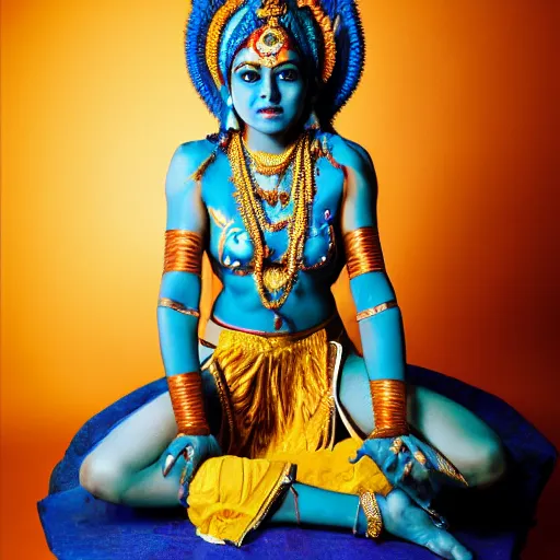 Prompt: blue - skinned indian goddess with six arms, symmetric, aesthetic!!!, cosplay, studio lighting