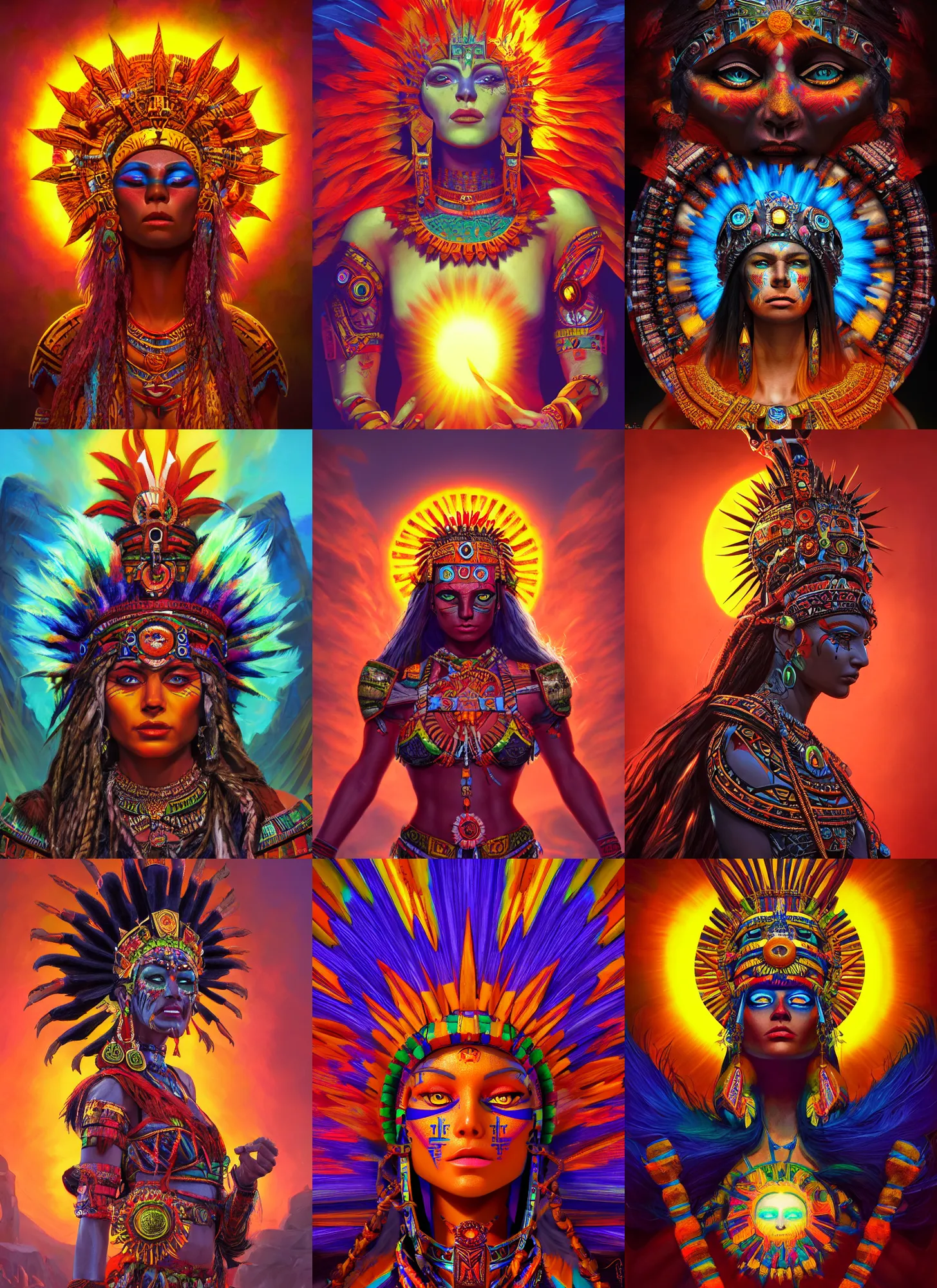 Prompt: aztec sun goddess, vivid colors, war of colorss, dark shadows, contrast, concept art, sharp focus, digital art, Hyper-realistic, 4K, Unreal Engine, Highly Detailed, Dramatic Lighting, Beautiful, by Brom,