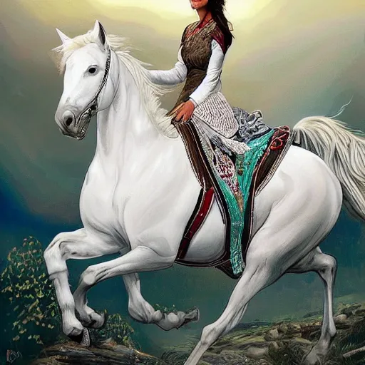 Prompt: full body shot of a beautiful young kurdish woman riding a beautiful white horse in the kurdish mountains art by martin ansin, highly detailed, 8 k, high resolution, award winning art, incredibly intricate, beautiful and symmetrical face