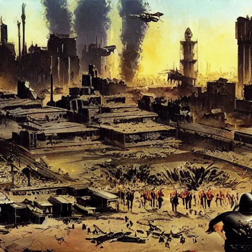 Image similar to the city of baghdad in post apocalyptic Iraq, painting by frazetta, wide angle, panorama