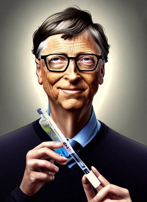 Image similar to bill gates with reptile eyes!!!, vertical reptile pupil!!!, lizard skin!!!, holding a syringe!!, portrait, intricate, elegant, highly detailed, digital painting, artstation, concept art, wallpaper, smooth, sharp focus, illustration, art by artgerm and greg rutkowski and alphonse mucha