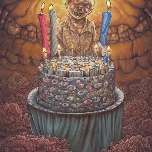 Image similar to epic view of a giant birthday cake with lit candles by junji ito and james jean and esao andrews, cake, candles, 4 k, hyperdetailed, hyperrealistic, trending on artstation, pencil art on paper, horror, dramatic lighting