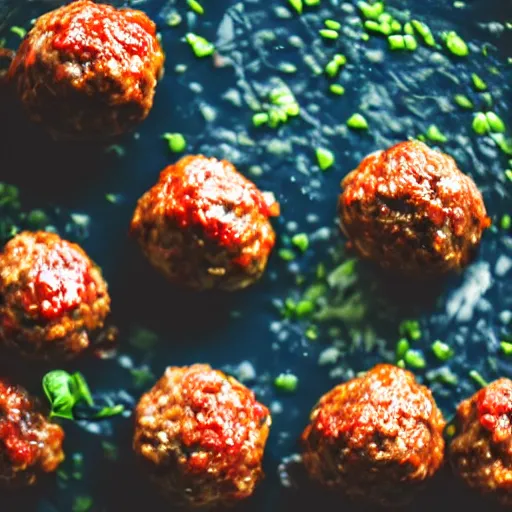 Prompt: raining meatballs, professional photography