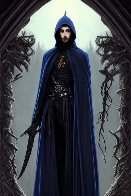 Prompt: handsome male fighting a giant, long black hair blue eyes wearing cloth mantle gothic navy cloak with leather details, bone plants, fantasy character portrait, ultrarealistic, intricate details, elegant, cinematic lighting, highly detailed, artstation, cgsociety, sharp focus, beautiful digital painting by artgerm, gerald brom, wlop, alphonse mucha