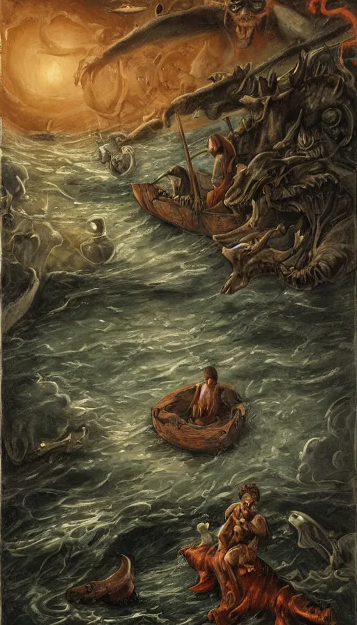 Image similar to man on boat crossing a body of water in hell with creatures in the water, sea of souls, by studio 4 c