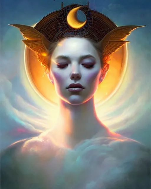 Prompt: solar priestess portrait, artgerm, lunar meadow, radiant halo of light, gilding, white gold liquid clouds, peter mohrbacher, photorealism