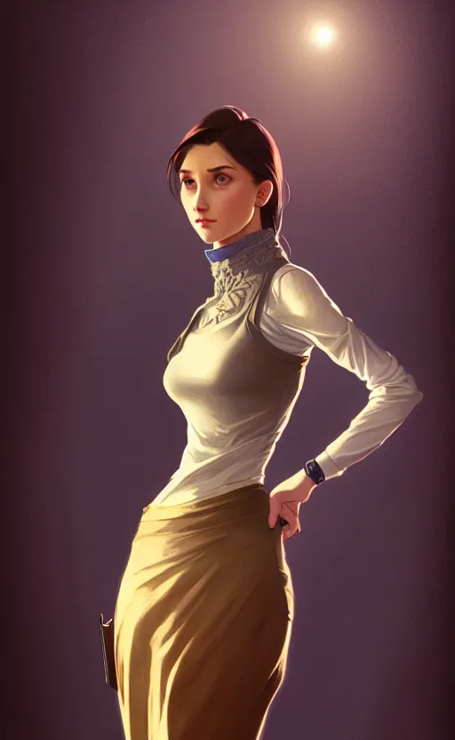 Image similar to portrait of a full body of beautiful young female secretary, d & d, sleeveless turtleneck, pencil skirt, fantasy, flat lighting, intricate, highly detailed, digital painting, artstation, concept art, smooth, sharp focus, illustration, art by simon bisley and greg rutkowski and alphonse mucha, natural tpose