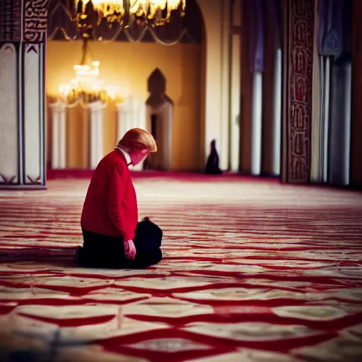 Image similar to Trump praying in mosque, award winning cinematic photography, 50 mm, blurred background, perfect faces