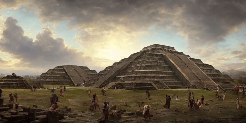 Prompt: teotihuacan cityscape by andreas achenbach, artgerm, mikko lagerstedt, zack snyder, tokujin yoshioka