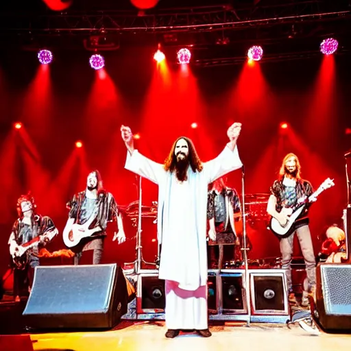 Prompt: Jesus on stage with all stars, band, concert photography