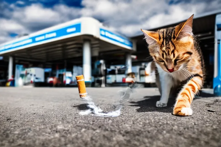 Prompt: cat smoking a cigarette in the gas station wide angle lens