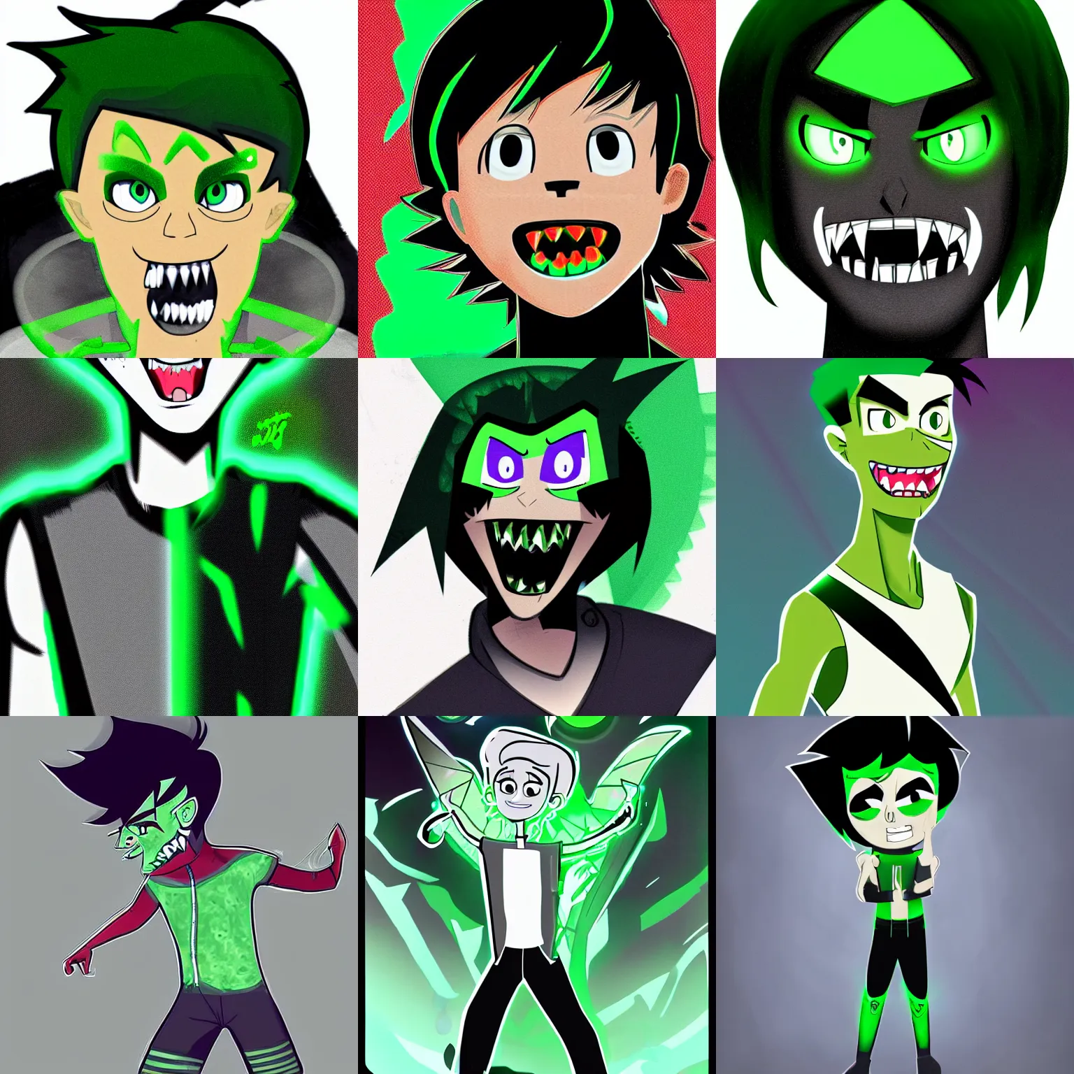 Prompt: A digital matte intricate illustration concept art of young Danny phantom with glowing green eyes and sharp teeth fangs alt art fashion inspired art by C