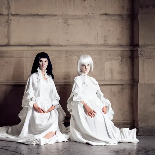 Prompt: photograph of two women with baroque white dresses and white baroque wigs in a hall, candle light fashion photography