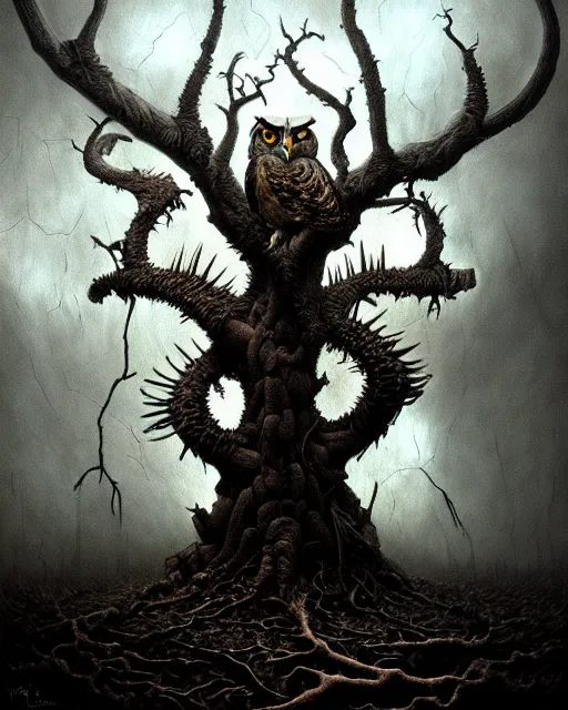 Image similar to an extremely detailed masterpiece surreal painting of a great horned owl ion tree limb, in the style of brian froud, brian despain, brian bolland, digital art, unreal engine, volumetric lighting, dark moody lighting, post apocalyptic, trending on artstation, photorealistic, epic scene, extremely moody lighting,