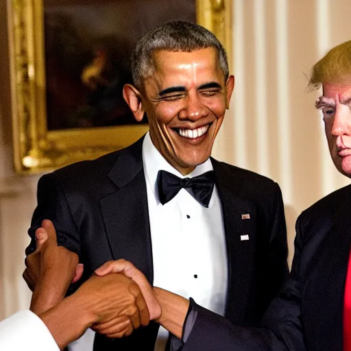 Prompt: barack obama and donald trump shaking hands at a party in the white house, photo